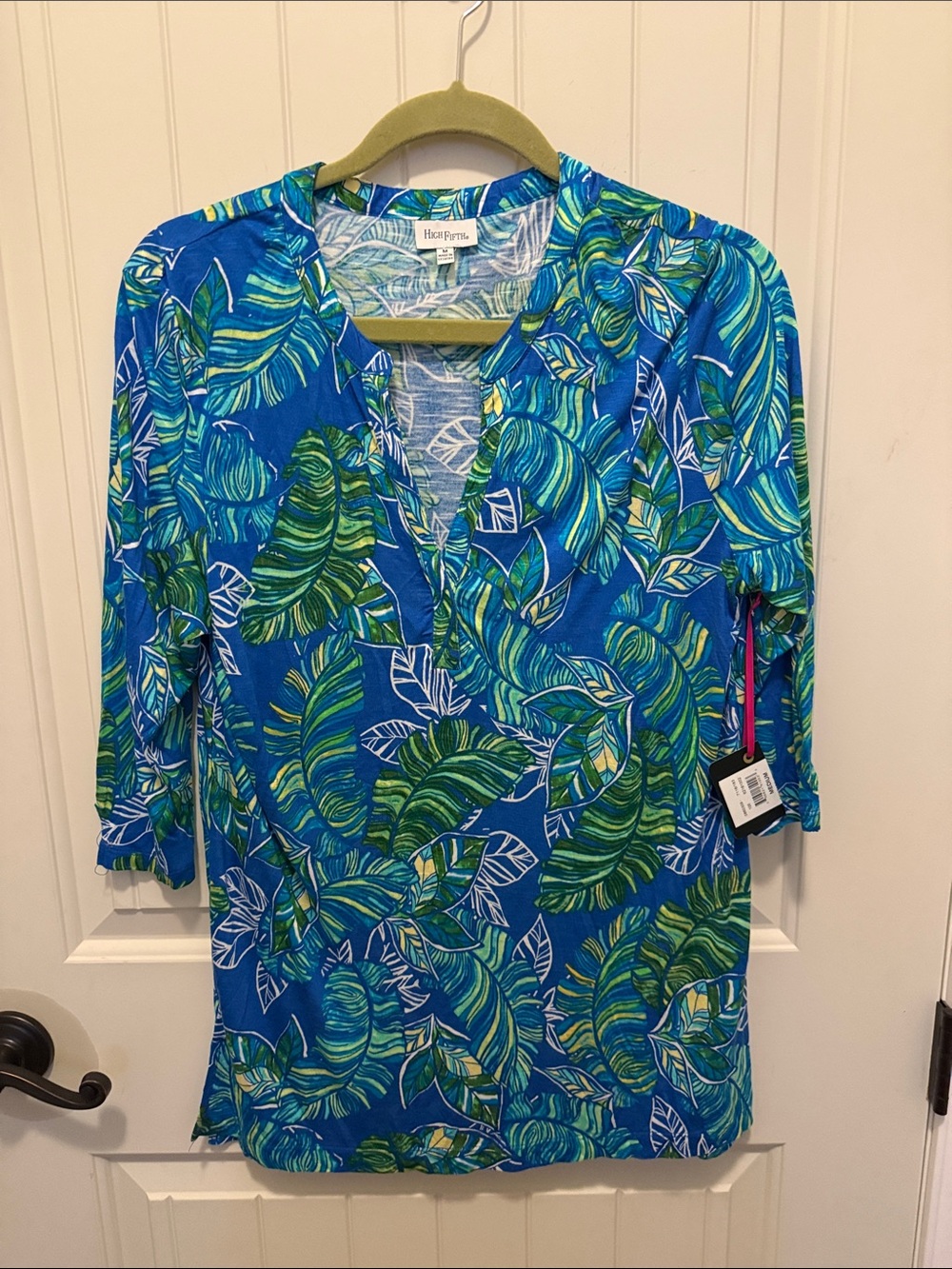 High Fifth Blue & Green Tropical Leaf Split V-Neck Tunic